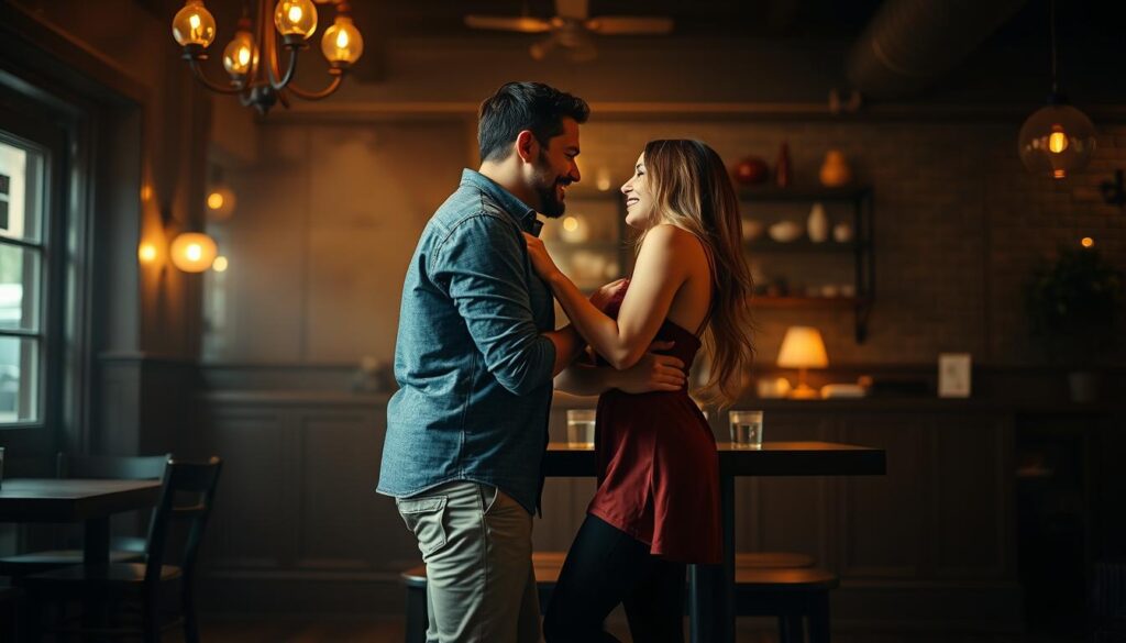 A couple flirtatiously interacting in a dimly lit, cozy cafe setting. In the foreground, their bodies lean towards each other, legs and torsos slightly angled inwards, conveying an intimate, playful exchange. Their faces are close, eyes locked, with coy smiles and subtle touches on the arms or hands. The middle ground showcases the cafe's warm, soft lighting, hazy atmosphere, and tasteful decor, creating a romantic ambiance. The background blurs into a muted, neutral palette, keeping the focus on the flirtatious body language between the pair. Shoot with a wide-angle lens and shallow depth of field to emphasize the closeness and connection between the subjects.