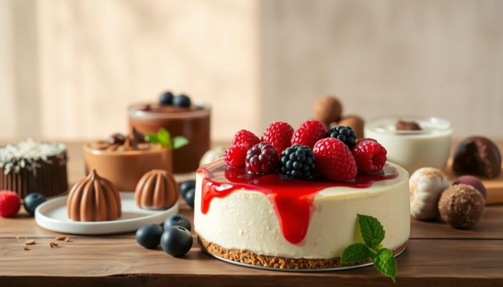 A delectable array of dairy-free desserts arranged on a wooden table, bathed in soft, natural lighting. In the foreground, a creamy vegan cheesecake adorned with fresh berries, its smooth texture and vibrant colors enticing the viewer. Surrounding it, an assortment of dairy-free treats, such as a rich chocolate mousse, a silky pudding, and decadent truffles, all showcasing the versatility and indulgence of plant-based desserts. In the background, a minimalist, earthy backdrop provides a simple yet elegant setting, allowing the desserts to take center stage. The overall scene evokes a sense of warmth, comfort, and culinary creativity, perfectly capturing the essence of dairy-free vegan desserts.