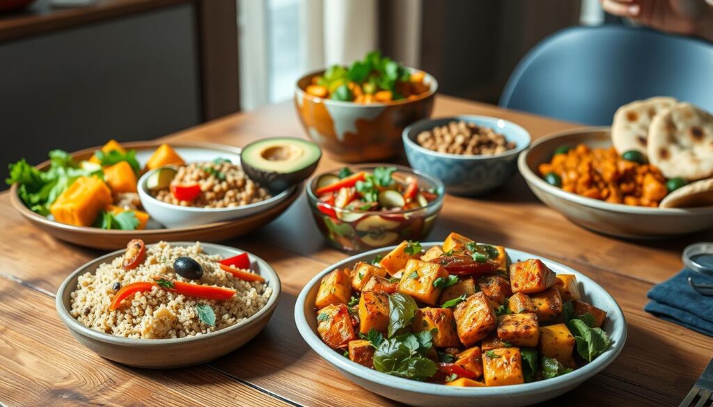A delectable assortment of vibrant, plant-based dishes arranged on a rustic wooden table, bathed in soft, natural lighting. In the foreground, a hearty stir-fry with crisp vegetables and marinated tofu, accompanied by a fragrant quinoa salad. In the middle ground, a creamy avocado and roasted vegetable bowl, garnished with fresh herbs. In the background, a flavorful lentil and sweet potato curry, served with fluffy naan bread. The scene exudes a cozy, inviting atmosphere, showcasing the ease and deliciousness of quick, nourishing vegan meals that even meat-lovers would crave.