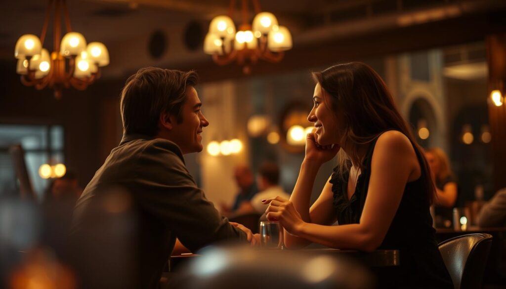 A dimly lit café, the soft glow of lamps casting a warm ambiance. In the foreground, two people sit across from each other, their bodies leaning in, eyes locked in an intimate exchange. Subtle flirtatious gestures, like a coy smile, a playful tilt of the head, and a gentle touch on the arm, convey the unspoken language of attraction. The background is blurred, focusing the viewer's attention on the intricate dance of flirtation, where unspoken cues and subtle signals weave a tapestry of mutual interest and anticipation. The scene is captured through a shallow depth of field, creating a dreamlike, cinematic quality that evokes the psychology of flirting.
