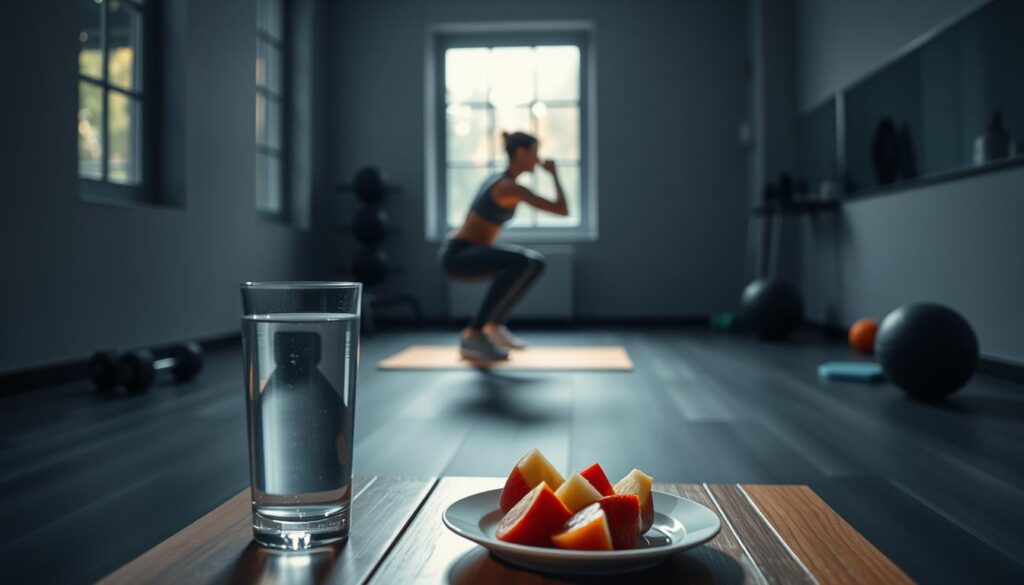 A dimly-lit gym interior, with a person performing a squat exercise on a yoga mat. In the foreground, a glass of water and a plate of fresh fruit sit on a wooden bench, symbolizing the concept of intermittent fasting. The middle ground features exercise equipment, such as dumbbells and a medicine ball, hinting at the synergy between fasting and physical activity. The background showcases a large window, allowing natural light to filter in and create a warm, contemplative atmosphere. The overall scene conveys the balanced integration of intermittent fasting and exercise for effective weight loss.