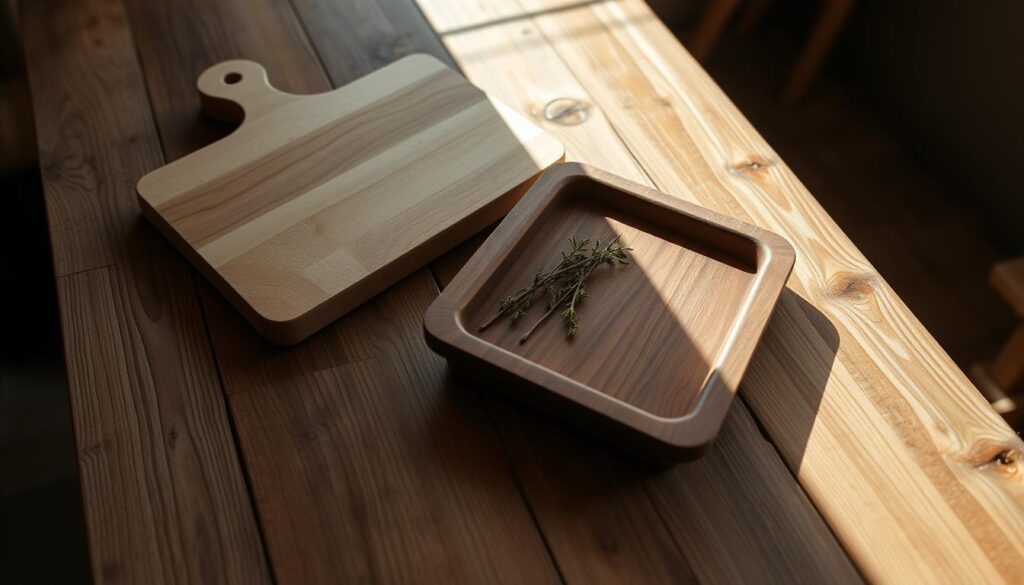 A handcrafted wooden chopping board and serving tray arranged on a rustic wooden table, with natural lighting flooding the scene. The chopping board is a simple design with a smooth, sanded surface, while the serving tray features a minimalist, rectangular shape with gently rounded edges. A few freshly harvested herbs or spices are artfully placed on the tray, adding a touch of natural elegance. The overall mood is one of warmth, simplicity, and functionality, perfectly capturing the essence of a homemade, DIY woodworking project.