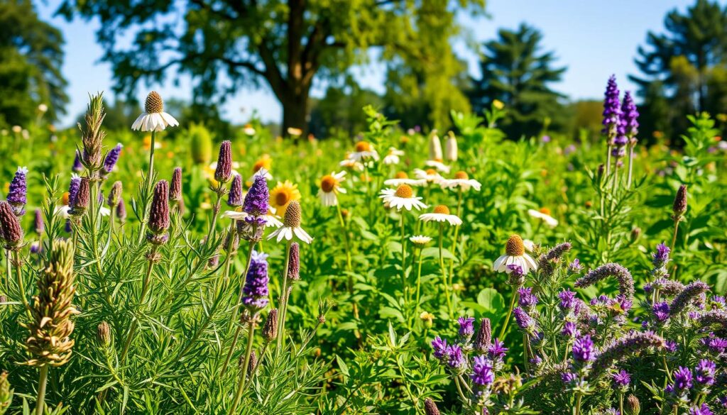A lush, verdant garden filled with an array of perennial medicinal herbs. In the foreground, a well-tended plot features thriving rosemary, lavender, and chamomile plants, their vibrant foliage and delicate flowers gently swaying in a soft breeze. The middle ground showcases a variety of other beneficial herbs, including echinacea, lemon balm, and peppermint, each with their distinct shapes and hues. In the background, a backdrop of mature trees and a clear blue sky create a serene, natural atmosphere, inviting the viewer to immerse themselves in the tranquil setting. The lighting is warm and natural, casting a gentle glow over the scene, highlighting the medicinal herbs' intricate details and textures. The overall composition conveys a sense of harmony, reflecting the bountiful and restorative potential of these carefully cultivated plants.