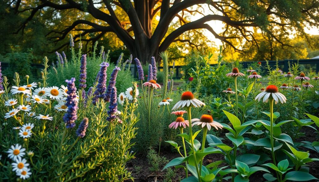 A lush, verdant garden filled with companion plants, expertly arranged for maximum medicinal benefit. In the foreground, a vibrant mix of herbs and flowers - chamomile, lavender, rosemary, and echinacea - thriving in harmony. The middle ground showcases a bountiful arrangement of medicinal plants, their leaves and blossoms bathed in warm, golden light, casting soft shadows across the fertile soil. In the background, a towering canopy of trees provides a natural backdrop, their branches swaying gently in a soft breeze. The overall scene conveys a sense of balance, tranquility, and the perfect integration of nature's medicinal wonders.