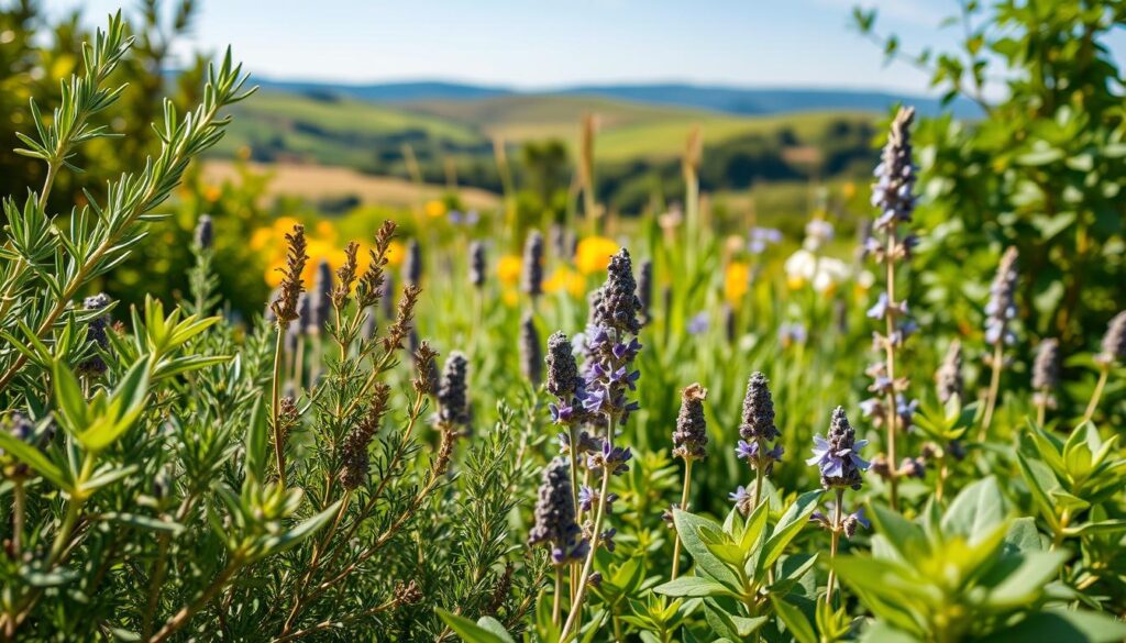 A lush, verdant garden filled with vibrant, aromatic herbs. In the foreground, a collection of respiratory health herbs - rosemary, thyme, lavender, and eucalyptus - their leaves gently swaying in a soft breeze. The middle ground showcases a variety of medicinal plants, their stalks and petals bathed in warm, golden sunlight. In the background, a picturesque landscape of rolling hills and a clear blue sky, creating a serene, healing atmosphere. The scene is captured with a shallow depth of field, emphasizing the delicate details of the herbs and their therapeutic properties.