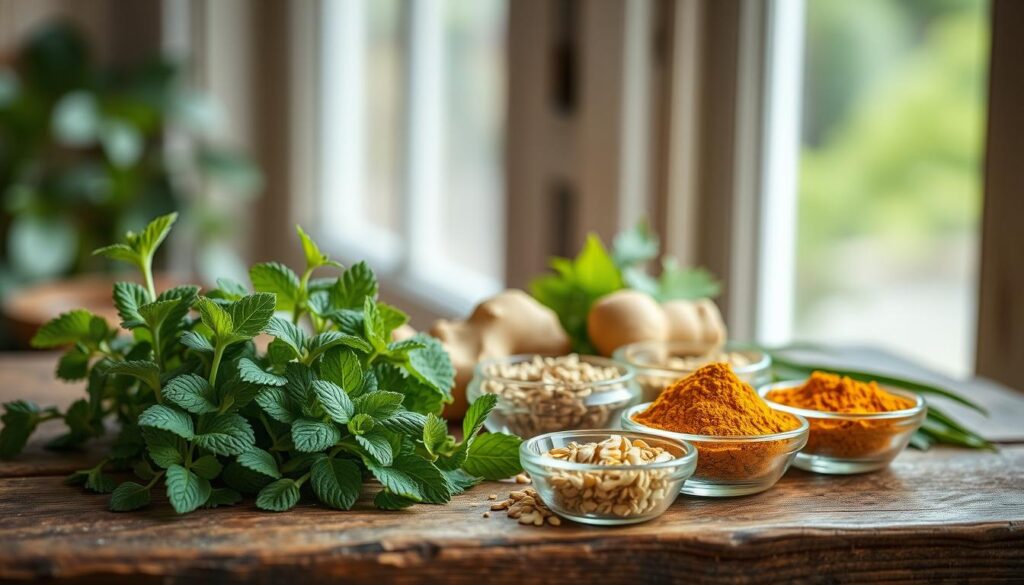 A neatly arranged display of vibrant, hand-picked digestive support herbs on a rustic wooden table. In the foreground, fresh sprigs of peppermint, ginger, and fennel are carefully positioned, their leaves and stems meticulously detailed. In the middle ground, small bowls hold dried chamomile flowers, turmeric powder, and fennel seeds, casting warm shadows. The background features a softly blurred window, allowing natural light to filter in and cast a soothing, earthy glow over the scene. The overall composition conveys a sense of harmony, inviting the viewer to explore the natural remedies for digestive health.