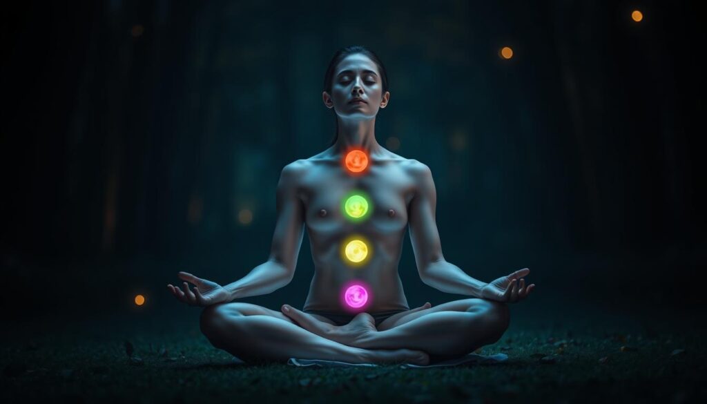A person sitting cross-legged in a meditative pose, with their eyes closed and a serene expression. Their body is surrounded by a soft, glowing aura that emanates from their chakra points, which are visible as colored spheres along the spine. The background is a dimly lit, peaceful natural setting, such as a forest or garden, with subtle lighting that casts a warm, calming glow. The overall atmosphere is one of tranquility, focus, and inner transformation.