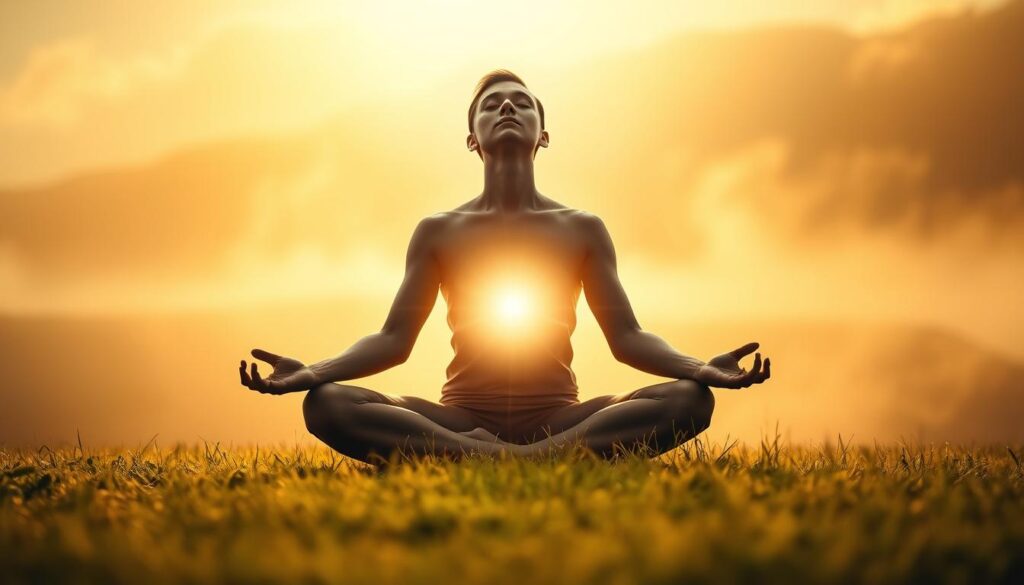 A person sitting cross-legged on a serene, misty meadow, their eyes closed in deep meditation. The figure is surrounded by a soft, glowing aura that radiates from their center, illuminating the scene. The background is hazy and atmospheric, with wisps of mist drifting across the landscape. Warm, diffused lighting creates a sense of tranquility and inner focus. The camera angle is slightly elevated, allowing the viewer to observe the meditative pose from a slightly elevated perspective, conveying a sense of connection to the spiritual practice.