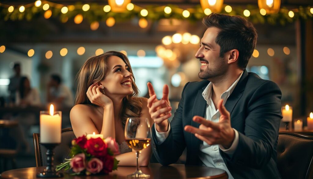 A romantic couple sitting at a cozy cafe table, engaged in playful banter and flirtatious gestures. The woman leans in, coyly making eye contact, while the man grins and gestures expressively. Warm, soft lighting from candles and cafe strings casts a flattering glow, creating an intimate, seductive atmosphere. The table is adorned with flowers and a half-empty wine glass, hinting at the chemistry between the pair. The background is slightly blurred, keeping the focus on the couple's captivating interaction.