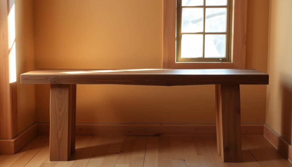 A rustic, handmade wooden bench set against a warm, natural backdrop. The bench's frame is constructed from sturdy, unfinished oak beams, with a smooth, sanded top in a rich, walnut tone. The legs are slightly tapered, lending an elegant, minimalist silhouette. Soft, diffused sunlight filters through a window, casting a gentle glow on the wood's texture. The scene evokes a sense of simplicity, functionality, and the satisfaction of a DIY project well-executed. The bench is positioned in a cozy, inviting corner, ready to be enjoyed by the homeowner.