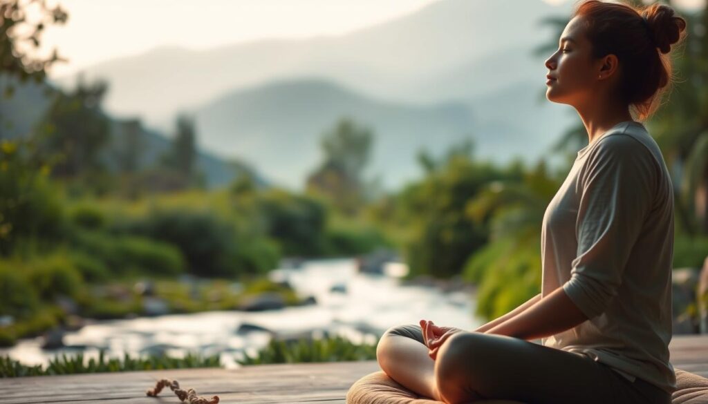 A serene and tranquil scene of a person engaging in mindfulness practice, set against a peaceful natural backdrop. In the foreground, a person sits cross-legged on a meditation cushion, their eyes closed in deep concentration, hands resting gently on their lap. Soft, diffused lighting illuminates their face, creating a sense of introspection and calm. In the middle ground, lush greenery and a gently flowing stream create a soothing, natural ambiance. The background features a mountainous landscape with soft, hazy peaks, conveying a sense of expansiveness and connection to the natural world. The overall mood is one of tranquility, focus, and a deep sense of inner peace.