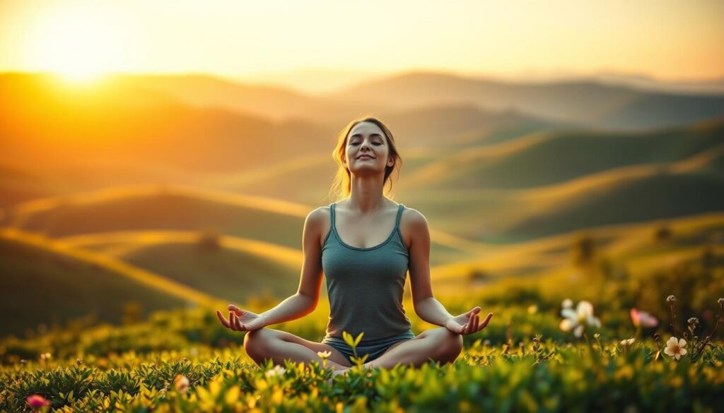 A serene landscape of rolling hills, with a warm, golden sunset casting a soft glow over the scene. In the foreground, a person sits in a lotus position, their eyes closed and a peaceful expression on their face, radiating a sense of deep inner calm and emotional well-being. The background is filled with vibrant, lush greenery, with hints of blooming flowers and a clear, blue sky above, conveying a sense of harmony and tranquility. The lighting is soft and diffused, creating a soothing, dreamlike atmosphere that invites the viewer to feel a sense of inner peace and emotional balance.