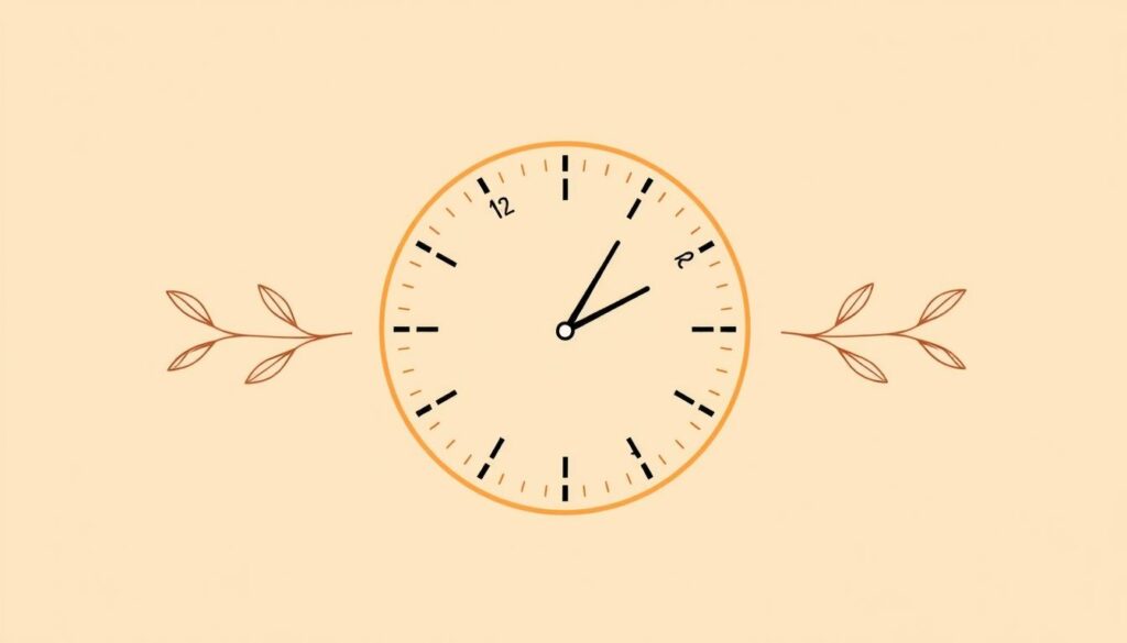 A serene, minimalist illustration depicting an intermittent fasting schedule. In the center, a clean, modern clock face with hour and minute hands shows the different fasting and eating periods. The background is a soft, warm gradient, hinting at the natural cycle of day and night. Delicate line art of simple shapes, such as leaves or seeds, frame the clock, symbolizing the connection between fasting and natural rhythms. The overall mood is one of balance, tranquility, and simplicity, reflecting the core principles of intermittent fasting.