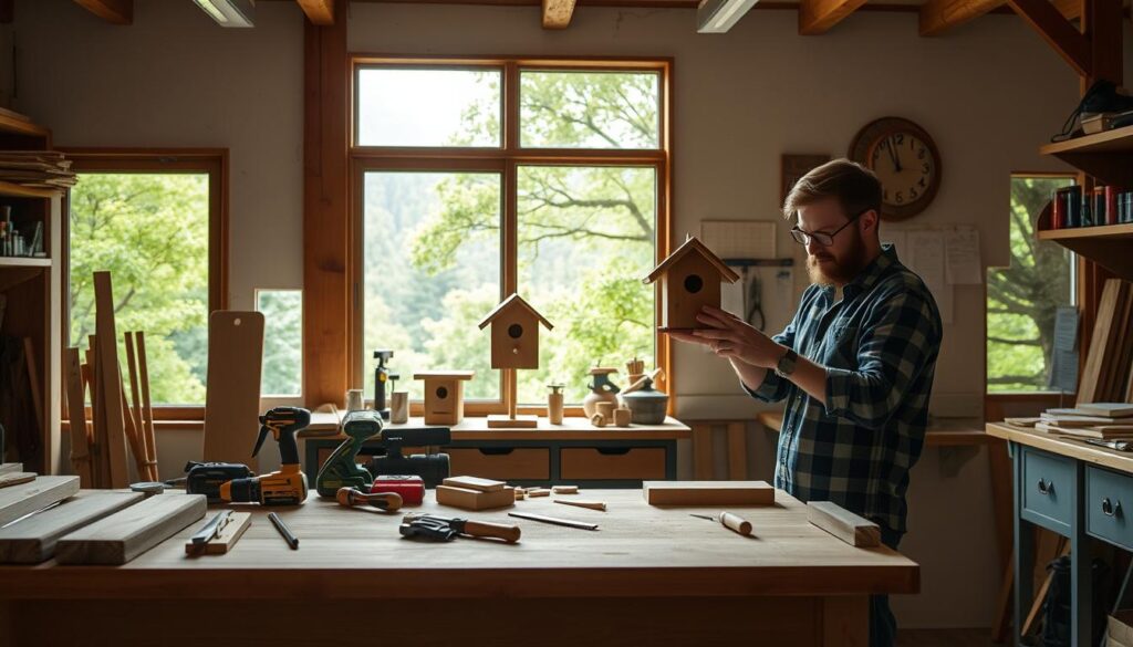 A serene, well-lit woodshop interior, with a workbench in the foreground showcasing various beginner-friendly woodworking tools and materials. The middle ground features a hobbyist enthusiastically sanding a simple birdhouse project, while the background depicts a scenic window view of a lush, peaceful forest landscape. The overall atmosphere conveys the tranquility, focus, and sense of accomplishment that can be found in the rewarding pursuit of basic woodworking.