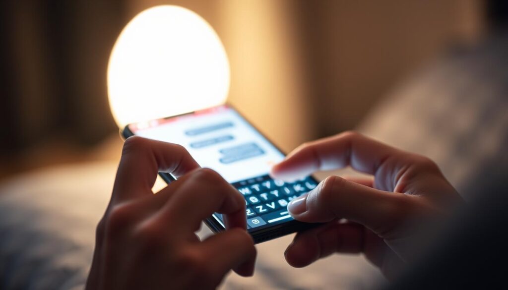 A stylish smartphone screen lit by soft, diffuse lighting, capturing the intimate act of flirtatious texting. The foreground showcases a pair of hands deftly manipulating the virtual keyboard, their movements graceful and purposeful. The middle ground reveals the phone's display, hinting at a witty, playful exchange unfolding between two individuals. The background is subtly blurred, creating a sense of privacy and focus on the central activity. The overall mood is one of subtle tension and growing attraction, with the potential for deeper connection palpable in the air.