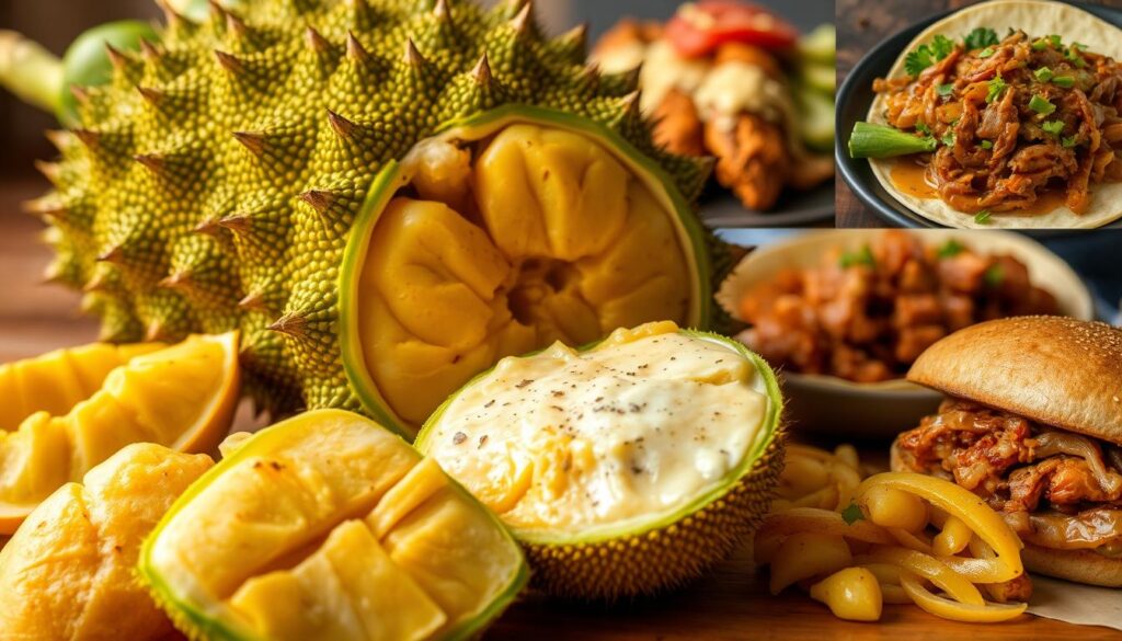 A vibrant close-up of a fresh jackfruit, its spiky green exterior peeled back to reveal the golden flesh and bulbous segments within. In the foreground, slices of the fruit are arranged to showcase its versatility, with some lightly grilled or roasted to mimic a "meaty" texture, others blended into a creamy puree. In the background, a selection of vegan dishes incorporating jackfruit - from jackfruit "carnitas" tacos to a jackfruit-based "pulled pork" sandwich - creates a visually compelling display of the ingredient's transformative potential. Warm, natural lighting accentuates the rich colors and textures, while a slight depth of field keeps the focus on the jackfruit's central role as a vegan powerhouse.