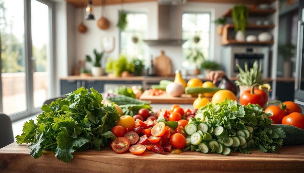 A vibrant kitchen scene showcasing creative vegan cooking. In the foreground, a large wooden cutting board displays an array of colorful, fresh produce - leafy greens, vibrant vegetables, and juicy fruits. Mid-ground, a chef's hands skillfully chop and prepare the ingredients, their movements captured in a blur of motion. In the background, a modern, minimalist kitchen with natural light streaming in through large windows, illuminating the scene with a warm, inviting glow. The overall atmosphere is one of creativity, balance, and a celebration of plant-based, wholesome ingredients.