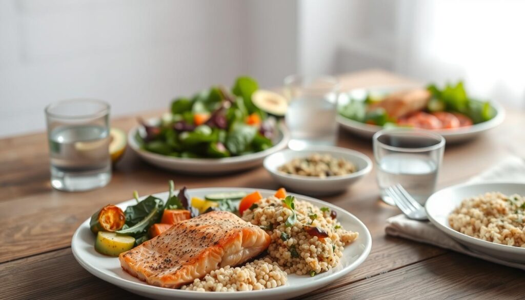 A visually appealing spread of healthy, nutrient-dense foods arranged on a rustic wooden table, with a clean, minimalist backdrop. In the foreground, a plate showcases a balanced intermittent fasting meal plan, featuring grilled salmon, roasted vegetables, and a side of quinoa. The middle ground features additional dishes, such as a salad with mixed greens, avocado, and a light vinaigrette dressing, as well as a glass of water. The background is softly lit, with natural lighting filtering through a window, creating a calming and inviting atmosphere. The overall composition conveys a sense of balance, simplicity, and the benefits of an intermittent fasting lifestyle.