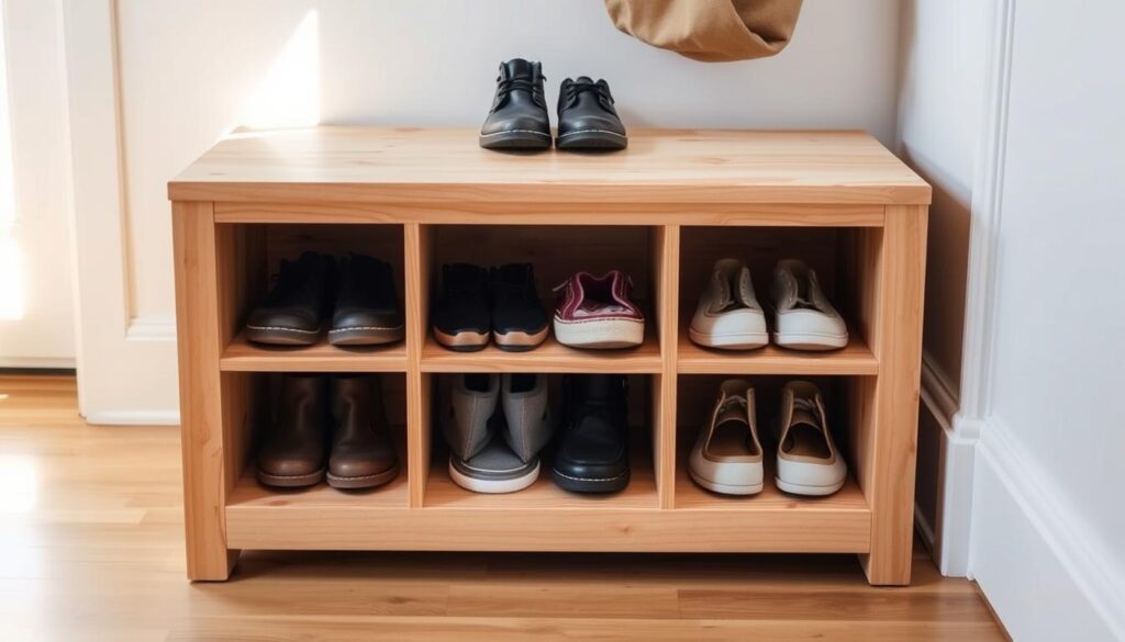 A well-crafted DIY shoe storage unit, featuring a sturdy, wooden booster stool design. The stool is built with sanded pine boards and features a flat top surface for storing shoes, with cubbies or compartments beneath to neatly organize pairs. Warm, natural lighting illuminates the textured wood grain, creating a cozy, rustic atmosphere. The camera captures the storage unit at a slightly elevated, three-quarter angle, showcasing its practical functionality and elegant simplicity. This handmade piece would seamlessly blend into a modern, minimalist home decor, providing both storage and a functional seating option.