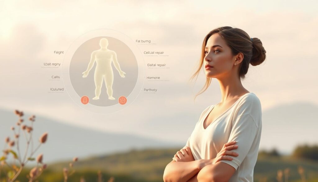 A well-lit, elegant illustration depicting the key benefits of intermittent fasting. In the foreground, a serene, female figure stands in a thoughtful pose, her face radiating a sense of focus and inner calm. The middle ground features a floating visualization of physiological processes, including fat burning, cellular repair, and hormone regulation. The background showcases a soft, ethereal landscape with natural elements like plants and a calming sky, creating an atmosphere of balance and wellness. The overall composition conveys the holistic, restorative effects of intermittent fasting on the body and mind.