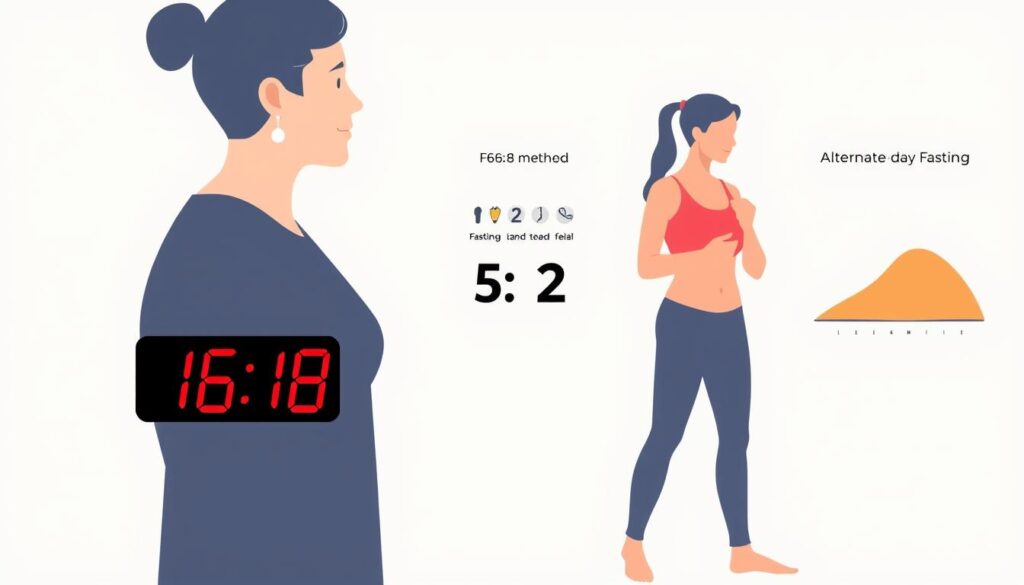 A well-lit, high-resolution illustration showcasing the key types of intermittent fasting schedules. In the foreground, a person practicing the 16:8 method, with a digital clock displaying the fasting and feeding windows. In the middle ground, another person following the 5:2 plan, with a calendar showing the fasting and regular eating days. In the background, a person doing the alternate-day fasting, with a gradient chart demonstrating the calorie intake pattern. The illustration has a clean, infographic-style aesthetic with muted colors and sharp, minimal details to convey the different intermittent fasting approaches effectively.