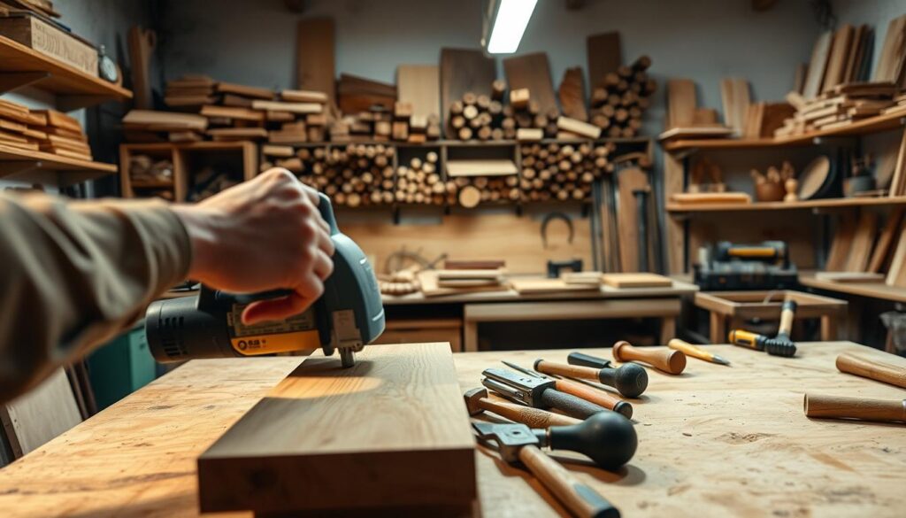 A well-lit woodworking workshop, the benchtop illuminated by soft overhead lighting. In the foreground, a skilled hand operates a power saw, guiding a wooden plank with precision. The middle ground showcases an array of woodworking tools - chisels, hammers, and measuring devices - neatly organized on the workbench. In the background, shelves laden with various wood types and finished projects create a sense of depth and the tools of the trade. The atmosphere exudes a harmonious blend of focus, craftsmanship, and the satisfying rhythms of handmade creation.