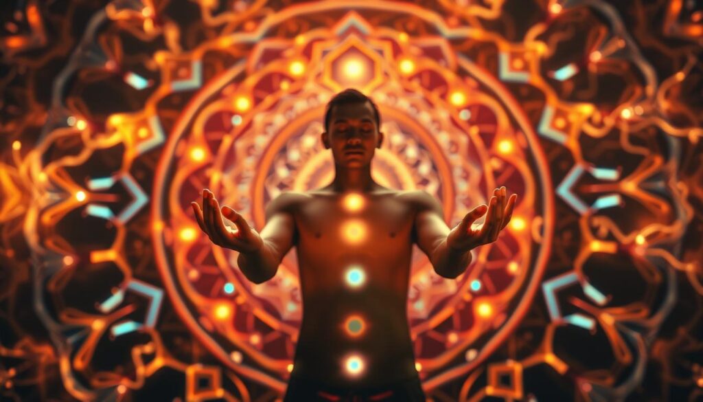 An intricate mandala of glowing energy chakras, swirling with iridescent hues. A central figure with hands outstretched, palms aglow, channeling cosmic life force. Wispy tendrils of light emanate from the figure, connecting to vibrant energy centers aligned along the spine. Soft, diffused lighting casts a serene, ethereal atmosphere. Subtle lens blur creates a dreamlike, meditative quality. The composition is balanced and symmetrical, evoking a sense of harmony and wholeness. Warm tones of gold, amber, and crimson predominate, symbolizing the sun, fire, and the root chakra. An immersive, transcendent vision of the seven chakras in perfect alignment.