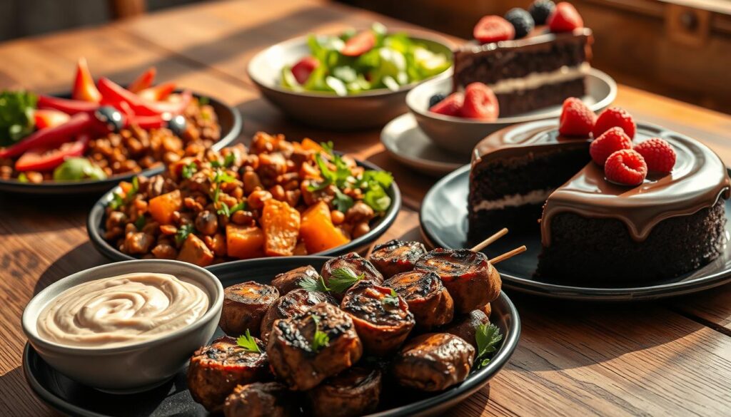Delectable vegan dishes arranged on a rustic wooden table, bathed in warm, natural lighting. Vibrant vegetables, sizzling plant-based proteins, and decadent desserts tempting the senses. In the foreground, a platter of juicy, seared mushroom skewers, accompanied by a creamy cashew-based dip. The middle ground features a hearty lentil and sweet potato stew, garnished with fresh herbs. In the background, a mouth-watering vegan chocolate cake with a silky ganache topping, surrounded by fresh berries. The scene exudes an inviting, comforting atmosphere, enticing even the most ardent meat-lover to indulge in these delicious, plant-based delights.