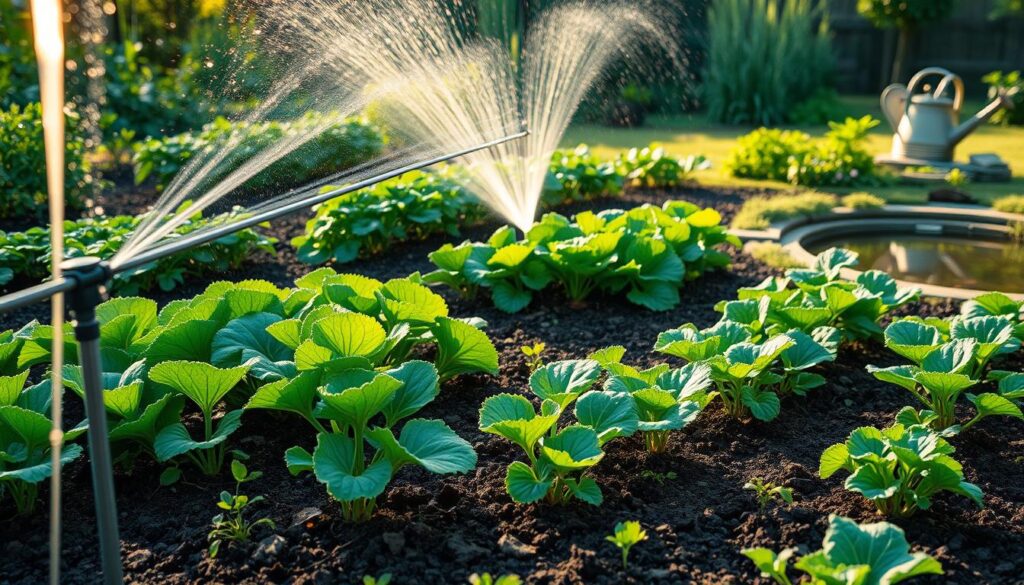 Lush garden landscape with a thriving vegetable patch, showcasing various irrigation methods. In the foreground, a drip irrigation system waters the soil, delivering precise moisture to the roots. In the middle ground, a sprinkler system sprays a gentle mist over a row of leafy greens. In the background, a traditional watering can sits beside a small pond, reflecting the sun's warm glow. The scene is bathed in soft, natural lighting, conveying a sense of peaceful productivity and the harmonious relationship between gardening and nature.