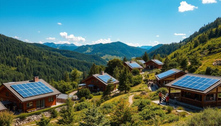 Sustainable tourism landscape showing eco-friendly accommodations nestled in natural surroundings