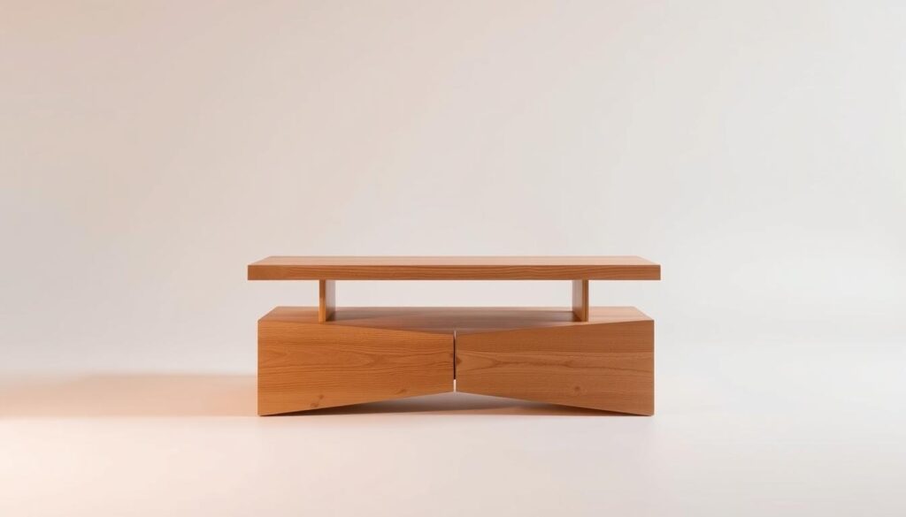 A minimalist 2x4 coffee table with a sleek, modern design. The table features a smooth, clean-lined top made of natural wood, floating effortlessly above a simple, geometric base constructed from sturdy 2x4 lumber. Warm, diffused lighting from above casts a soft, cozy glow, highlighting the beautiful wood grain and accentuating the table's minimalist aesthetic. The composition is centered, with a clear, uncluttered background that allows the coffee table to be the focal point. The overall atmosphere is one of understated elegance and relaxation, perfect for a cozy living room or den.