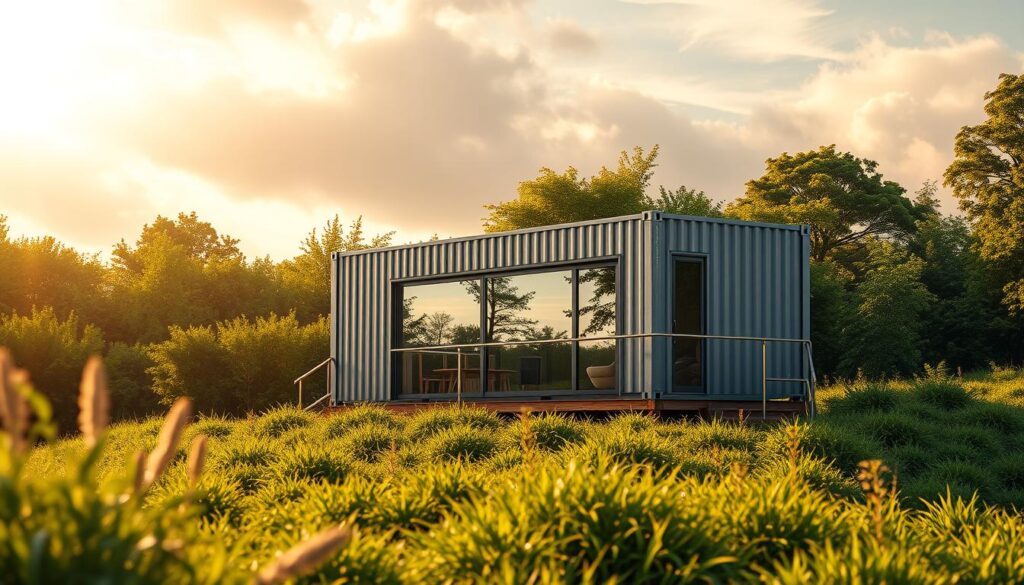 A modern and minimalist container home nestled in a lush, verdant landscape, bathed in warm, golden sunlight filtering through wispy clouds. The container's sleek, corrugated steel exterior reflects the surrounding nature, seamlessly blending with the environment. Carefully positioned windows and a spacious deck create a sense of openness and connection to the outdoors. The home's efficient design, with clean lines and a compact footprint, conveys the idea of cost-effective living in a challenging housing market. The scene evokes a serene, sustainable, and affordable lifestyle, hinting at the advantages of container architecture.