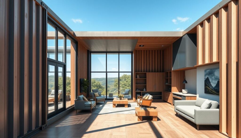 A modern, minimalist container home with sleek, modular design elements. The structure is composed of clean lines, sharp angles, and a variety of textures - weathered steel, glass, and warm wood tones. Abundant natural light streams in through expansive windows, casting dynamic shadows across the interior. The space is highly customizable, with movable walls, adjustable storage, and multifunctional furniture that can be rearranged to suit different needs. A sense of airy openness and adaptability pervades the scene, reflecting the versatility and design flexibility of container-based living.