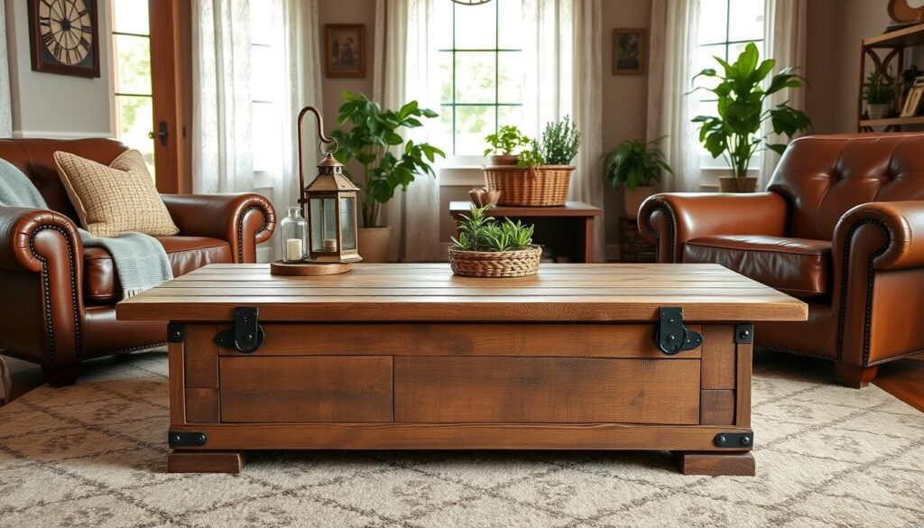 A rustic farmhouse-style coffee table in a warm, inviting living room. Wooden planks and iron hardware create a rugged yet refined aesthetic. Soft, natural lighting filters through lace curtains, casting a cozy glow. Weathered accents like a vintage lantern, woven basket, and potted greenery complement the earthy palette. Worn leather armchairs and a plush area rug anchor the space, conveying a sense of comfort and character. The table's distressed finish and solid construction evoke a timeless, handcrafted quality. This rustic centerpiece ties the room's farmhouse-inspired decor together, creating a welcoming, lived-in ambiance.