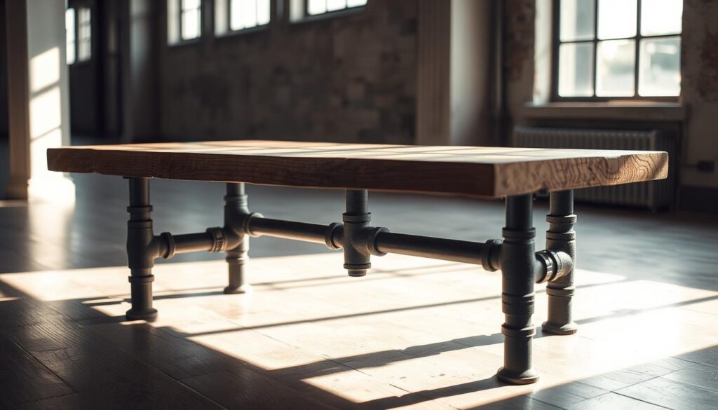 A rustic industrial-style coffee table made from reclaimed metal pipes and fittings. The table features a thick, distressed wooden tabletop resting atop a sturdy base of interconnected black iron pipes and elbows. Gentle side lighting casts warm shadows, highlighting the textural quality of the materials. The overall design is a harmonious blend of modern and vintage elements, creating a chic, loft-inspired aesthetic. The tabletop displays a natural, weathered appearance, complementing the industrial-inspired base. The piece is positioned in a bright, airy room with tall windows, allowing natural light to stream in and enhance the moody, atmospheric vibe.