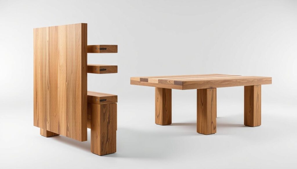 A well-lit, high-quality diagram depicting step-by-step instructions for building a rustic, reclaimed wood coffee table. The foreground shows a detailed 3D exploded view of the table components, including the reclaimed wood panels, sturdy wooden legs, and metal hardware. The middle ground showcases a side profile view of the assembled table, highlighting the natural grain and texture of the reclaimed wood. The background features a clean, uncluttered studio setting with soft lighting, allowing the table to take center stage. The overall mood is one of simplicity, craftsmanship, and DIY inspiration, perfectly complementing the "Reclaimed Wood Coffee Table" section of the article.