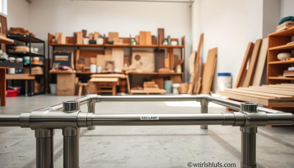 Kee Klamp fittings in a well-lit, contemporary DIY workshop. Sleek, metallic Kee Klamp joints and pipes in the foreground, arranged to suggest the framework of a minimalist coffee table. In the middle ground, an assortment of wood samples, stains, and finishing materials, hinting at the DIY process. The background features clean, white walls and a warm, inviting atmosphere, creating a sense of creativity and craftsmanship. The lighting is soft and directional, highlighting the interplay of metal and wood. The overall composition emphasizes the versatility and modular nature of Kee Klamp fittings in DIY furniture design.