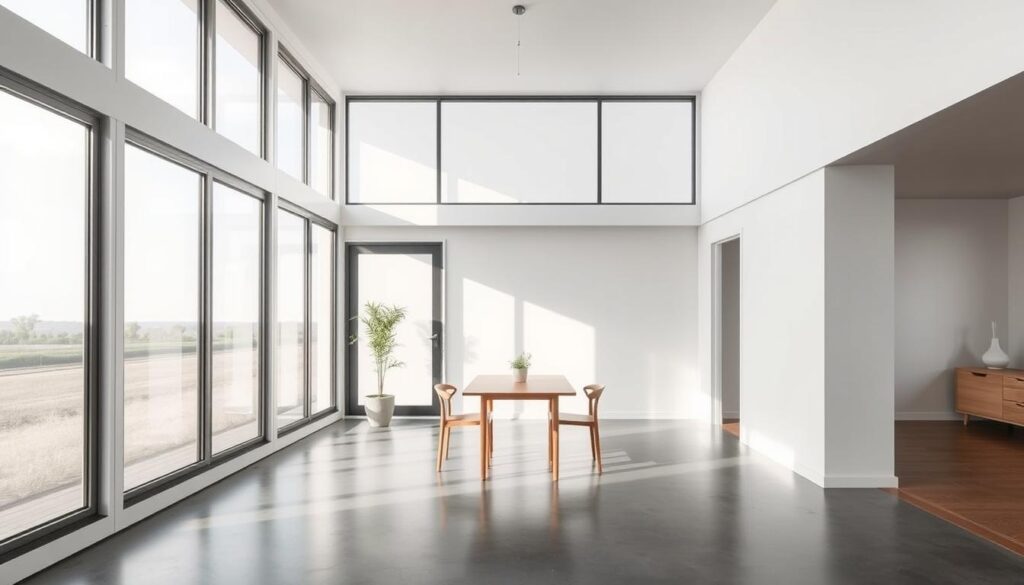 a minimalist modern container home interior with large windows, natural light, and open floor plan. white walls, polished concrete floors, and minimal furnishings such as a simple wooden table and chairs. a small potted plant or two provides a subtle touch of greenery. the space has a clean, uncluttered aesthetic, conveying a sense of tranquility and simplicity. the lighting is soft and diffused, creating a calming atmosphere. the overall impression is one of thoughtful, pared-down design that prioritizes functionality and serenity.