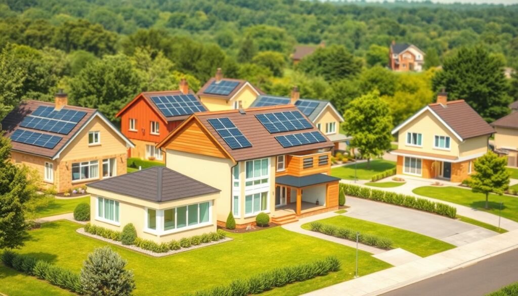 a photorealistic image of several energy efficient homes in a suburban neighborhood, with a focus on sustainable architectural features and renewable energy technologies. The homes feature solar panels on the roofs, high-efficiency windows, insulation, and other eco-friendly design elements. The homes are set against a backdrop of lush greenery, with well-manicured lawns and mature trees. The lighting is natural and warm, creating a inviting and serene atmosphere. The camera angle is slightly elevated, providing a panoramic view of the neighborhood. The image conveys a sense of modern, sustainable living in harmony with the environment.