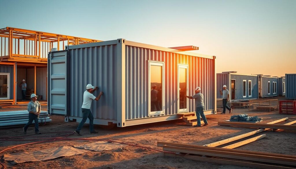 quick assembly of a modular container home, with workers efficiently and swiftly installing the prefabricated steel frame and panels, all under the warm glow of a mid-morning sun. The construction site is orderly and organized, with a backdrop of partially completed structures, showcasing the speed and ease of this innovative building method. The workers' movements are coordinated and purposeful, highlighting the streamlined nature of the container home construction process. The scene conveys a sense of progress and productivity, hinting at the potential for rapid, cost-effective housing solutions.