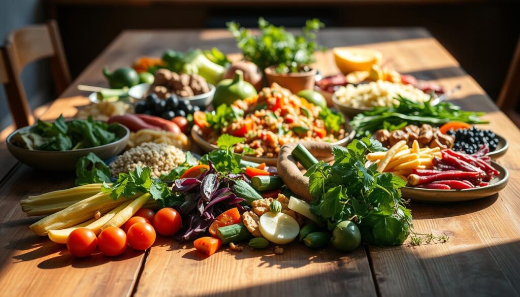A beautifully curated vegan meal spread on a rustic wooden table. In the foreground, an array of vibrant vegetables, grains, and plant-based proteins arranged with care, casting soft shadows. In the middle ground, a centerpiece of fresh produce, perhaps a colorful salad or a hearty grain bowl, creating a visually appealing focal point. The background is softly blurred, allowing the meal to take center stage, bathed in warm, natural lighting that highlights the textures and colors. The overall composition conveys a sense of balance, mindfulness, and the nourishing essence of a well-planned vegan meal.