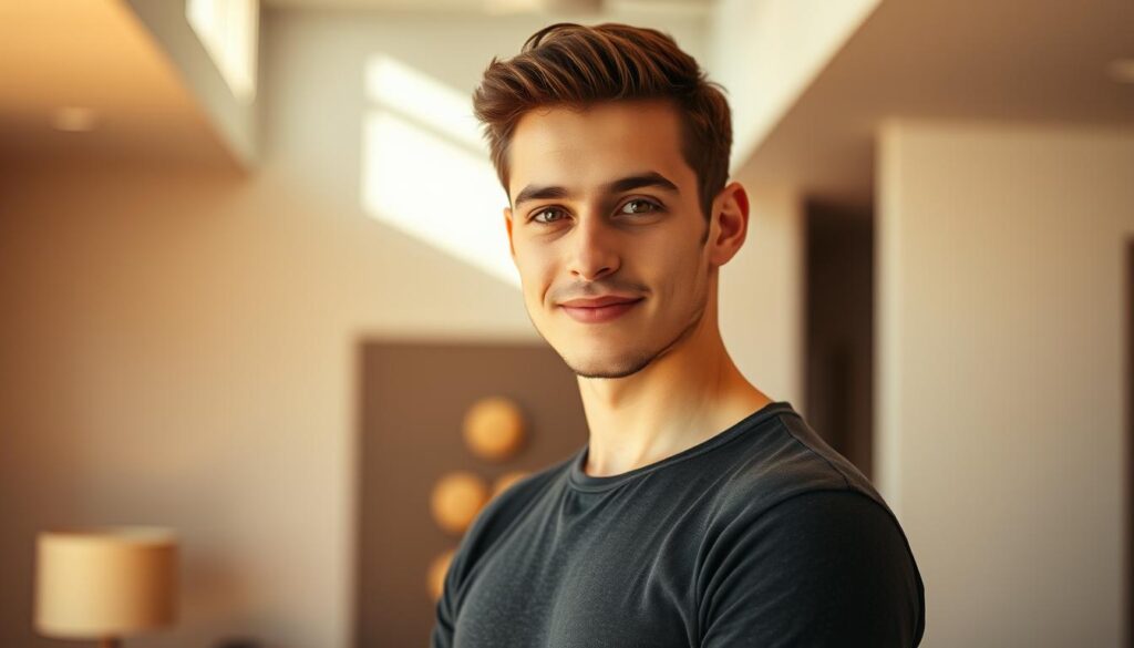 A confident young man standing in a well-lit, contemporary setting, his gaze direct and engaging. His posture is relaxed yet purposeful, conveying an air of self-assurance. The background features a subtle, minimalist design, allowing the subject to take center stage. Warm, natural lighting illuminates his features, creating a sense of approachability and ease. The overall composition exudes a mood of positive, inviting energy, hinting at the subject's ability to engage in flirtatious interactions with ease.