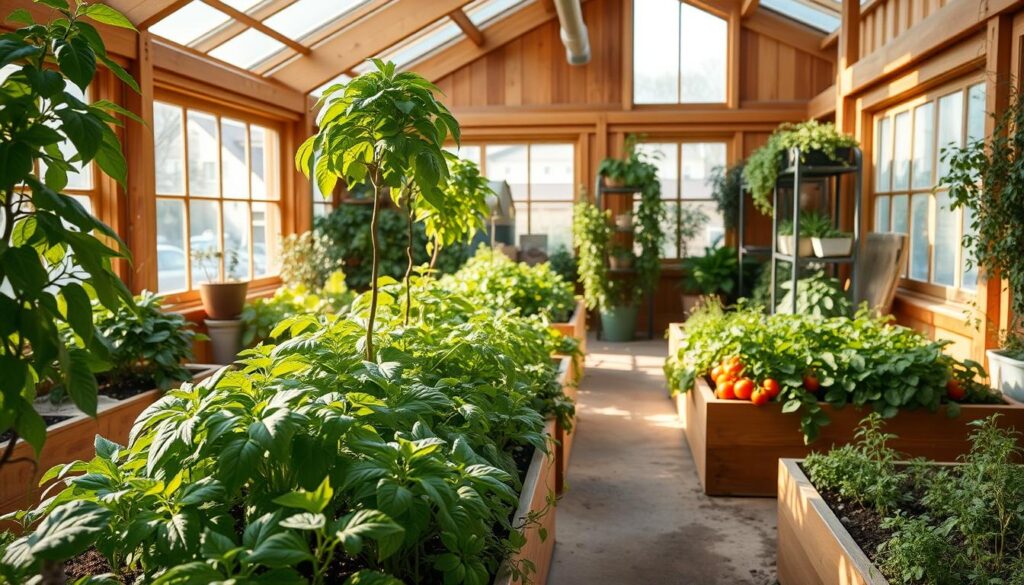 A cozy indoor garden, bathed in soft natural light filtering through large windows. Lush, verdant vegetable plants thriving in raised garden beds, their leaves gently swaying. A mix of leafy greens, vibrant tomatoes, and fragrant herbs adorn the scene, their colors popping against the warm wooden accents of the space. The layout is thoughtfully designed, with ample walking paths and a sense of harmony. Subtle industrial elements, like metal shelving units, complement the organic feel. The overall atmosphere is one of serene productivity, inviting the viewer to imagine the nourishing bounty this indoor oasis provides, year-round.