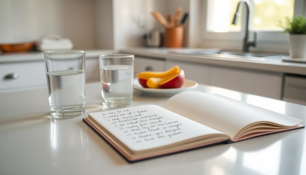 A cozy, minimalist kitchen counter with a glass of water, a plate of fresh fruit, and a notebook open to reveal handwritten intermittent fasting tips. Soft, natural lighting filters through a nearby window, casting a warm glow. The arrangement conveys a sense of simplicity, focus, and the beginnings of a healthy lifestyle change. The image captures the essence of a beginner's journey into intermittent fasting, inviting the viewer to imagine themselves taking the first steps towards personal wellness.