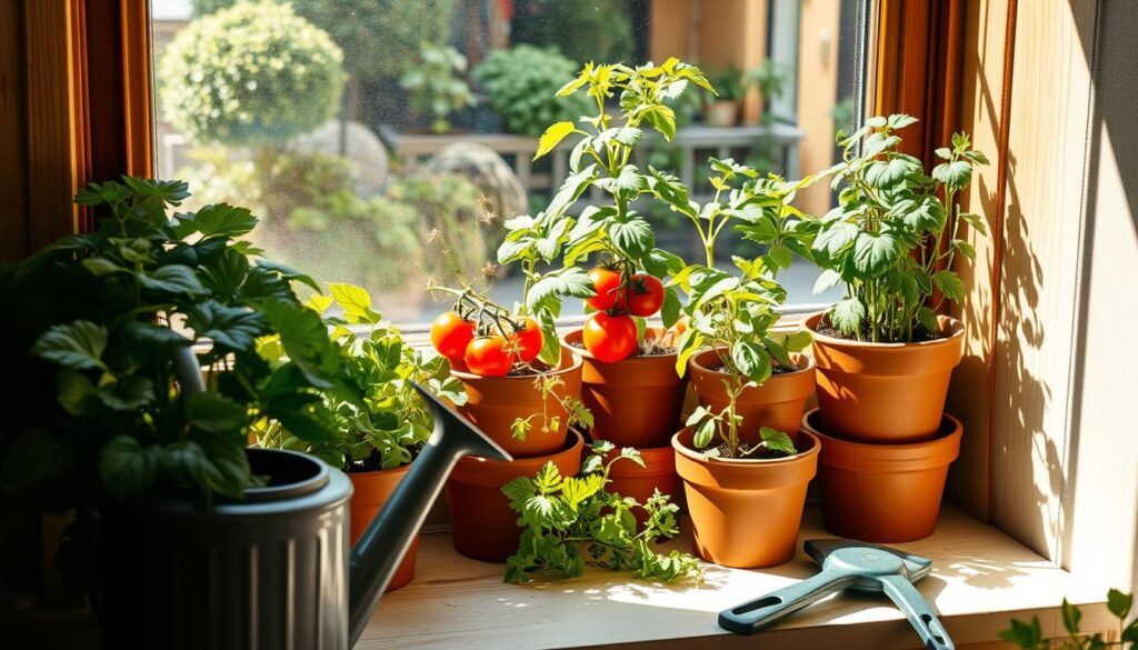 A cozy, well-lit indoor vegetable garden thrives in a sunny window, with lush green leafy greens, vibrant tomato plants, and fragrant herbs in terracotta pots. The scene is framed by a wooden windowsill, casting warm, natural light across the scene. In the foreground, a watering can and gardening tools rest nearby, hinting at the care and attention given to this small but productive urban oasis. The overall atmosphere is one of tranquility and self-sufficiency, reflecting the joys of growing one's own food, even in limited spaces.