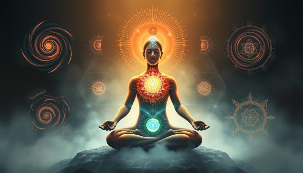 A detailed illustration of the human energy centers, or chakras, showcasing the symptoms of chakra imbalance. A central figure in a meditative pose, their aura radiating an off-balance energy. Surrounding them, various visual metaphors for disrupted chakra flow - swirling vortices of color, blocked energy channels, and distorted geometric shapes. A moody, ethereal atmosphere with dramatic lighting and hazy, atmospheric textures, emphasizing the mystical nature of the subject matter. Rendered in a semi-realistic, visually striking style that captures the essence of this esoteric concept.