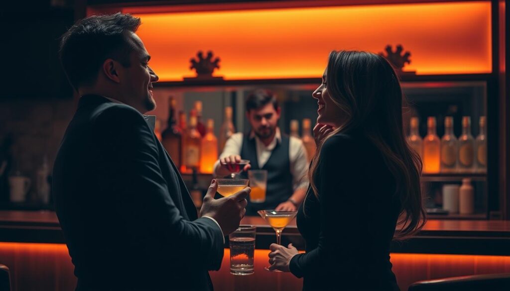 A dimly lit, cozy bar setting. In the foreground, a well-dressed man and woman engaged in a playful, flirtatious conversation, their body language conveying confidence and charm. The woman leans in slightly, her gaze locked with the man's, a coy smile playing on her lips. In the middle ground, the bartender prepares a drink, observing the interaction with a knowing expression. The background features a warm, amber-toned lighting, creating an intimate, inviting atmosphere. The composition emphasizes the connection between the two figures, showcasing the art of effective flirting through their subtle gestures and eye contact.