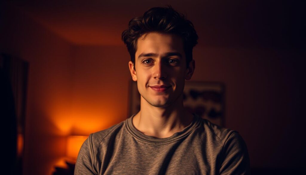 A dimly lit room, a young man standing confidently, his gaze meeting the viewer's eyes. Warm lighting casts a soft glow, highlighting his relaxed posture and subtle smile. In the background, a stylized texting interface with abstract shapes and patterns, symbolizing the art of flirtatious communication. The scene conveys a sense of ease, self-assurance, and the potential for meaningful connection.