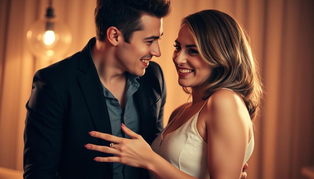 A flirtatious couple in an intimate setting, the man leaning in towards the woman, his body language conveying confident yet playful interest as he makes eye contact, while the woman responds with a coy, inviting gaze and a subtle, teasing smile. Soft, warm lighting illuminates their faces, creating an atmosphere of romantic tension. The background is blurred, drawing the viewer's focus to the captivating interplay of their body language and facial expressions.