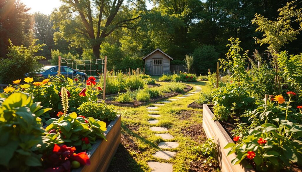 A lush, thriving organic garden in the warm afternoon sunlight. In the foreground, raised garden beds bursting with vibrant vegetables, herbs, and flowers. Midground, a winding path through a colorful array of foliage, with scattered stepping stones. In the background, a quaint wooden shed and a verdant canopy of trees, casting dappled shadows across the scene. The atmosphere is one of tranquility and abundance, captured through a wide-angle lens with a shallow depth of field, emphasizing the rich textures and natural forms. This image embodies the essence of sustainable, self-sufficient home gardening.